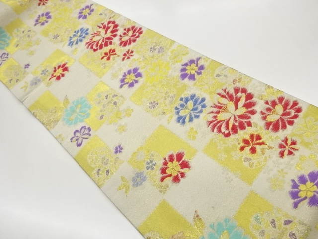 JAPANESE KIMONO / FUKURO OBI / WOVEN CHECKERED & FLOWERS